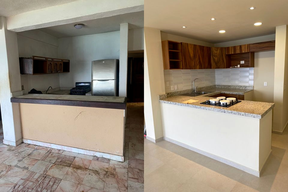 Remodelación de cocina antes y después en Puerto Vallarta, mostrando mejora en distribución, acabados y mobiliario